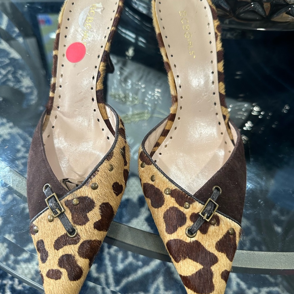 BCBGirls Brown Leopard Print Mule Heels - Picture 2 of 12